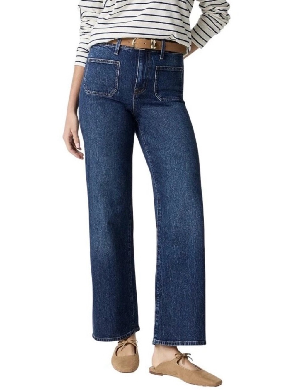 J. Crew Full Length Wide Leg Patch Pocket Jeans Preppy Classic Capsule Dark Wash